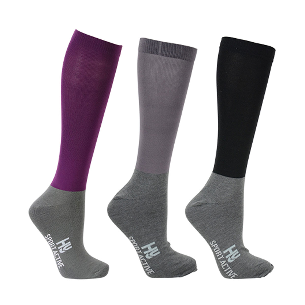 Hy Sport Active Riding Socks (Pack of 3) Adult 4-8 - Amethyst Purple/Pencil Point Grey/Black