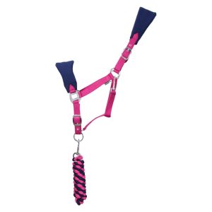 Hy Equestrian Belton Fleece Head Collar and Lead Rope Set Navy/Pink